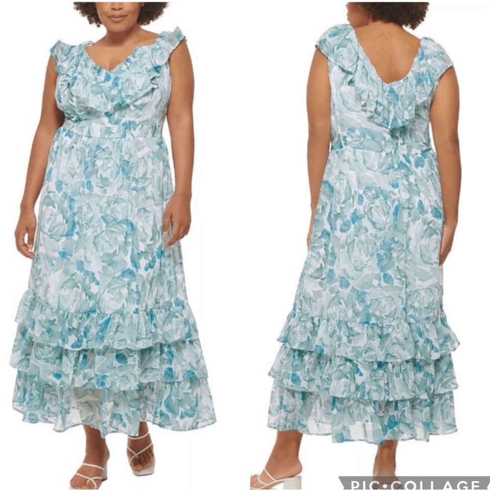 Calvin Klein Tiered Ruffle Maxi‎ Dress Jadeite Multi 22W